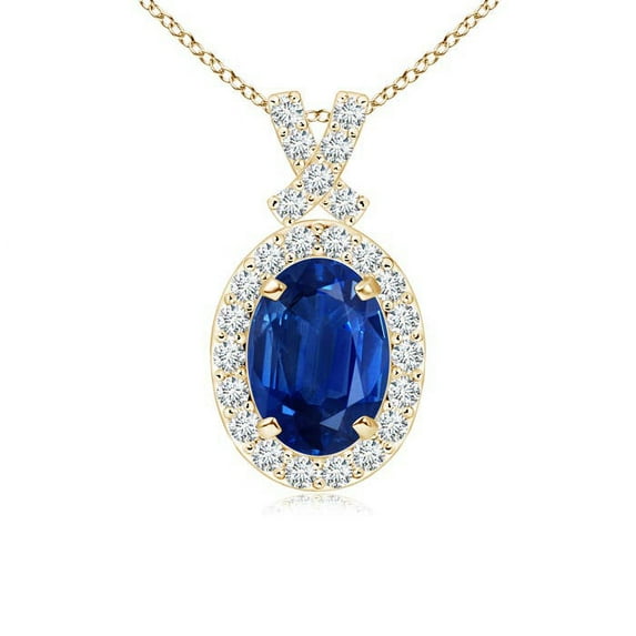 ANGARA Natural Vintage Style Sapphire Pendant with Diamond Halo in 14K Yellow Gold for Women (Size-7x5mm) | September Birthstone, Anniversary, Jewelry Gift for Women | Natural Blue Sapphire Necklace