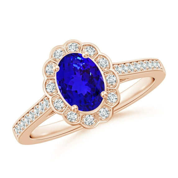ANGARA Natural Vintage Style Tanzanite & Diamond Scalloped Halo Ring in 14K Rose Gold for Women (Size-7x5mm) | December Birthstone, Anniversary, Jewelry Gift for Women | Natural Tanzanite Ring
