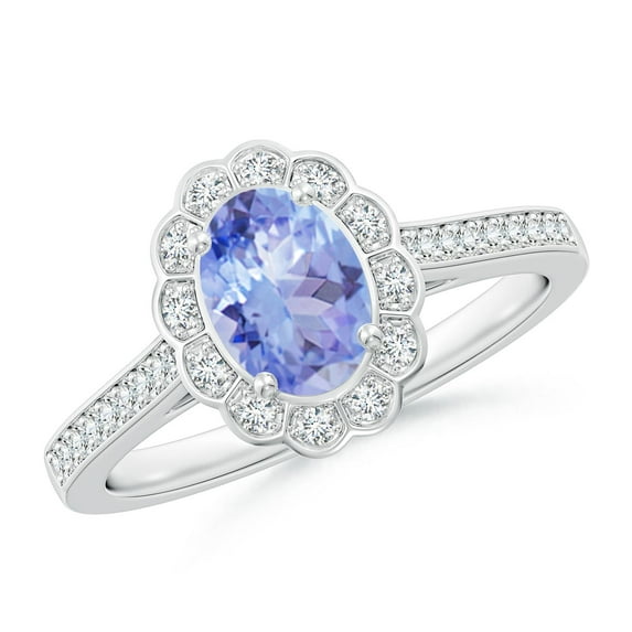 ANGARA Natural Vintage Style Tanzanite & Diamond Scalloped Halo Ring in 14K White Gold for Women (Size-7x5mm) | December Birthstone, Anniversary, Jewelry Gift for Women | Natural Tanzanite Ring