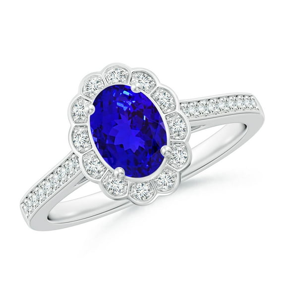ANGARA Natural Vintage Style Tanzanite & Diamond Scalloped Halo Ring in 14K White Gold for Women (Size-7x5mm) | December Birthstone, Anniversary, Jewelry Gift for Women | Natural Tanzanite Ring