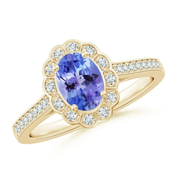 ANGARA Natural Vintage Style Tanzanite & Diamond Scalloped Halo Ring in 14K Yellow Gold for Women (Size-7x5mm) | December Birthstone, Anniversary, Jewelry Gift for Women | Natural Tanzanite Ring