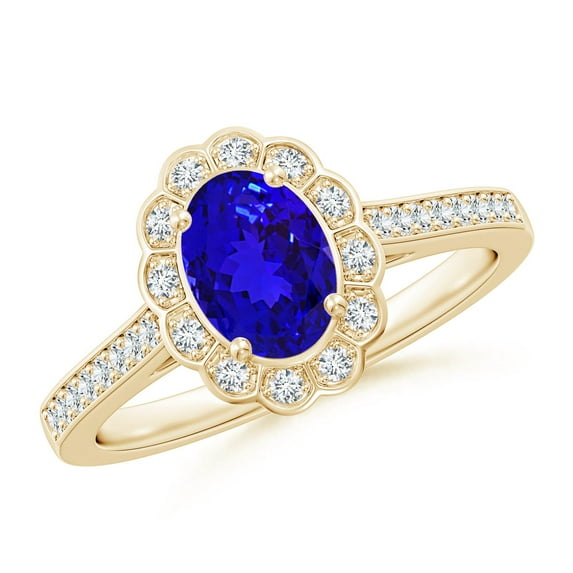 ANGARA Natural Vintage Style Tanzanite & Diamond Scalloped Halo Ring in 14K Yellow Gold for Women (Size-7x5mm) | December Birthstone, Anniversary, Jewelry Gift for Women | Natural Tanzanite Ring