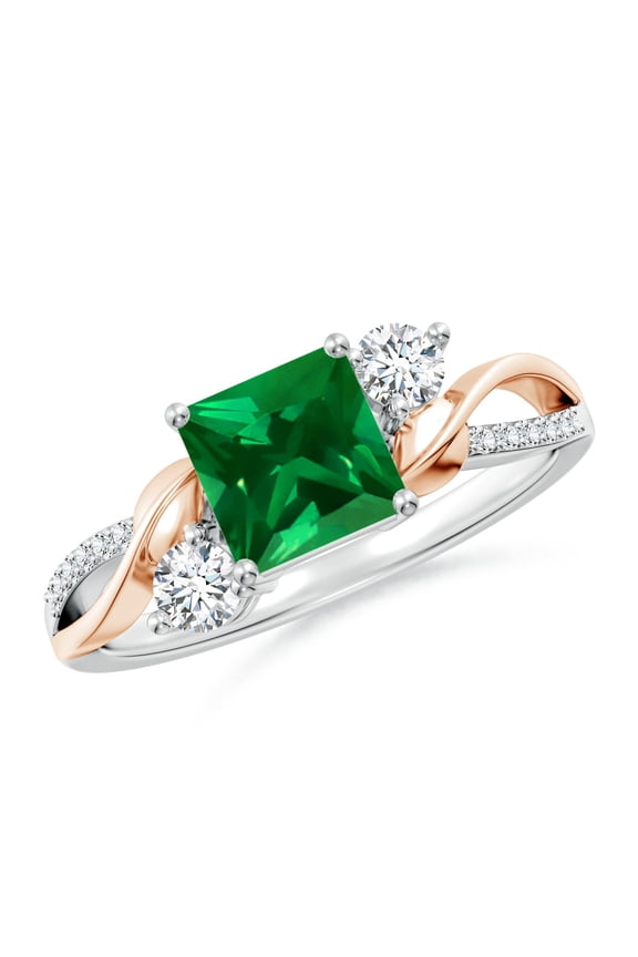 Square Lab Grown Emerald Twisted Vine Engagement Ring in 14K White & Rose Gold for Women (Size-6mm) | May Birthstone, Anniversary, Jewelry Gift for Women | Lab Grown Emerald Ring