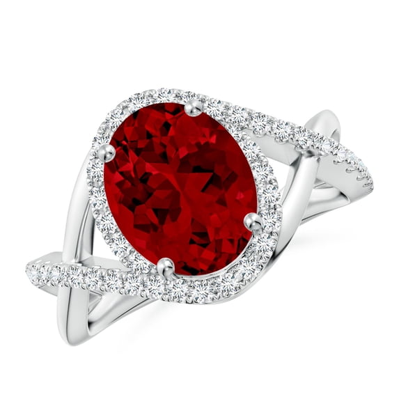 ANGARA Oval Lab Grown 3.3 Ct Ruby Criss Cross Shank Engagement Ring with Accents for Women in 14K White Gold (Size-10x8mm) | July Birthstone, Anniversary, Jewelry Gift for Women | Lab-Grown Ruby Ring