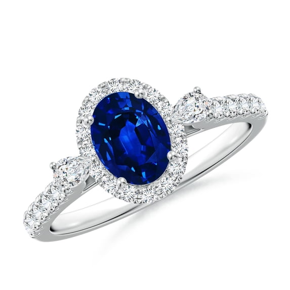 ANGARA Oval Lab Grown Blue Sapphire Halo Side Stone Engagement Ring for Women in 14K White Gold (Size-7x5mm) | September Birthstone, Anniversary, Jewelry Gift for Women | Lab-Grown Blue Sapphire Ring