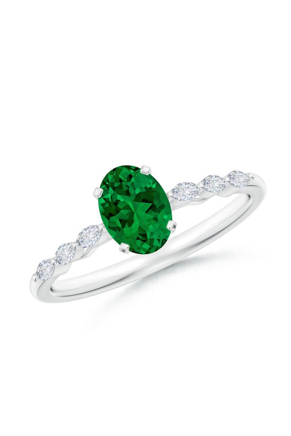 Oval Lab Grown Emerald Engagement Ring with Marquise Diamonds in 14K White Gold for Women (Size-7x5mm) | May Birthstone, Birthday, Anniversary, Jewelry Gift for Women | Lab Grown Emerald Ring