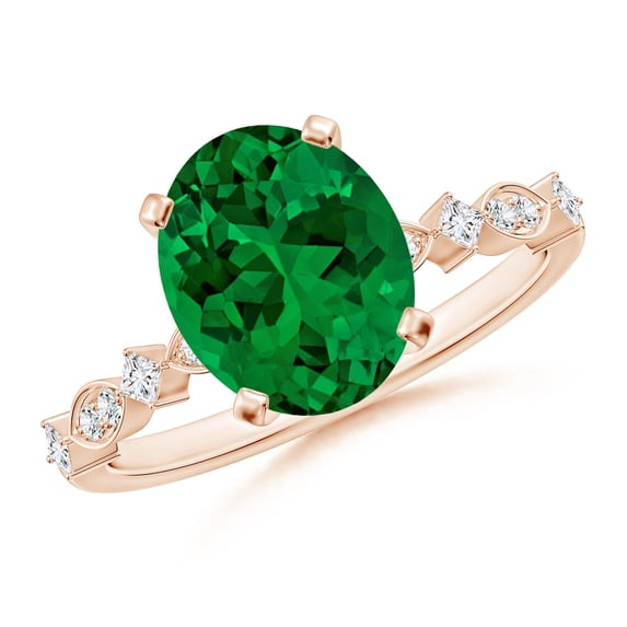 ANGARA Oval Lab Grown 2.25 Ct Emerald Engagement Ring with Marquise Motifs for Women in 14K Rose Gold (Size-10x8mm) | May Birthstone, Anniversary, Jewelry Gift for Women | Lab-Grown Emerald Ring