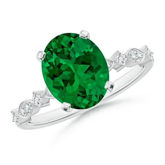 ANGARA Oval Lab Grown 2.25 Ct Emerald Engagement Ring with Marquise Motifs for Women in 14K White Gold (Size-10x8mm) | May Birthstone, Anniversary, Jewelry Gift for Women | Lab-Grown Emerald Ring