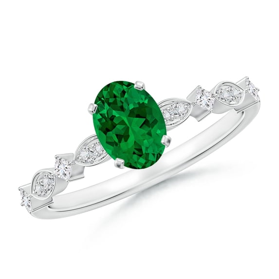 ANGARA Oval Lab Grown Emerald Engagement Ring with Marquise Motifs for Women in 14K White Gold (Size-7x5mm) | May Birthstone, Birthday, Anniversary, Jewelry Gift for Women | Lab-Grown Emerald Ring