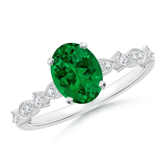ANGARA Oval Lab Grown 1.1 Ct Emerald Engagement Ring with Marquise Motifs for Women in 14K White Gold (Size-8x6mm) | May Birthstone, Anniversary, Jewelry Gift for Women | Lab-Grown Emerald Ring