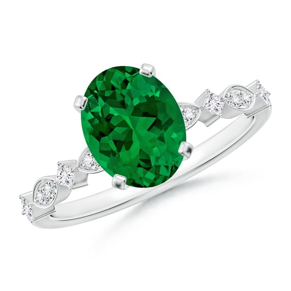 ANGARA Oval Lab Grown 1.5 Ct Emerald Engagement Ring with Marquise Motifs for Women in 14K White Gold (Size-9x7mm) | May Birthstone, Anniversary, Jewelry Gift for Women | Lab-Grown Emerald Ring