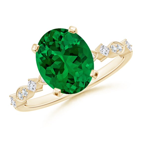 ANGARA Oval Lab Grown 2.25 Ct Emerald Engagement Ring with Marquise Motifs in 14K Yellow Gold for Women (Size-10x8mm) | May Birthstone, Anniversary, Jewelry Gift for Women | Lab Grown Emerald Ring