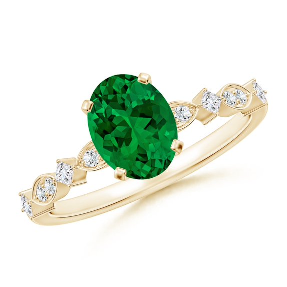 ANGARA Oval Lab Grown 1.1 Ct Emerald Engagement Ring with Marquise Motifs for Women in 14K Yellow Gold (Size-8x6mm) | May Birthstone, Anniversary, Jewelry Gift for Women | Lab-Grown Emerald Ring