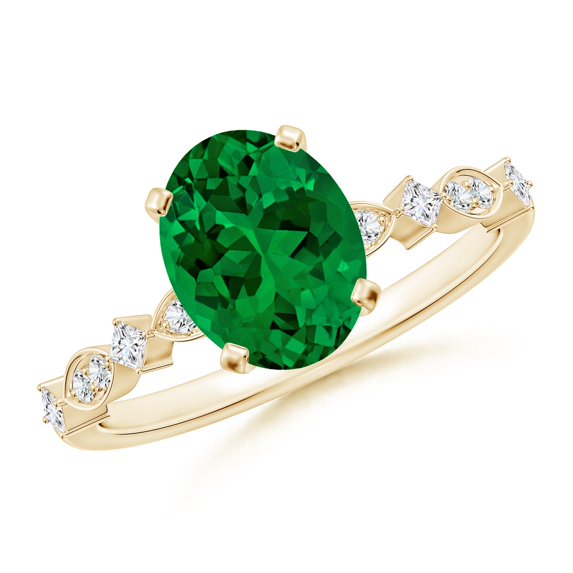 ANGARA Oval Lab Grown 1.5 Ct Emerald Engagement Ring with Marquise Motifs for Women in 14K Yellow Gold (Size-9x7mm) | May Birthstone, Anniversary, Jewelry Gift for Women | Lab-Grown Emerald Ring