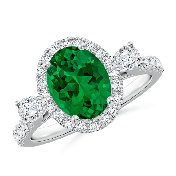 ANGARA Oval Lab Grown 1.5 Ct Emerald Halo Side Stone Engagement Ring for Women in 14K White Gold (Size-9x7mm) | May Birthstone, Birthday, Anniversary, Jewelry Gift for Women | Lab-Grown Emerald Ring