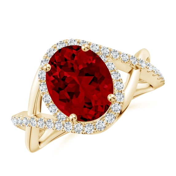 ANGARA Oval Lab Grown 3.3 Ct Ruby Criss Cross Shank Engagement Ring for Women in 14K Yellow Gold (Size-10x8mm) | July Birthstone, Anniversary, Jewelry Gift for Women | Lab-Grown Ruby Ring