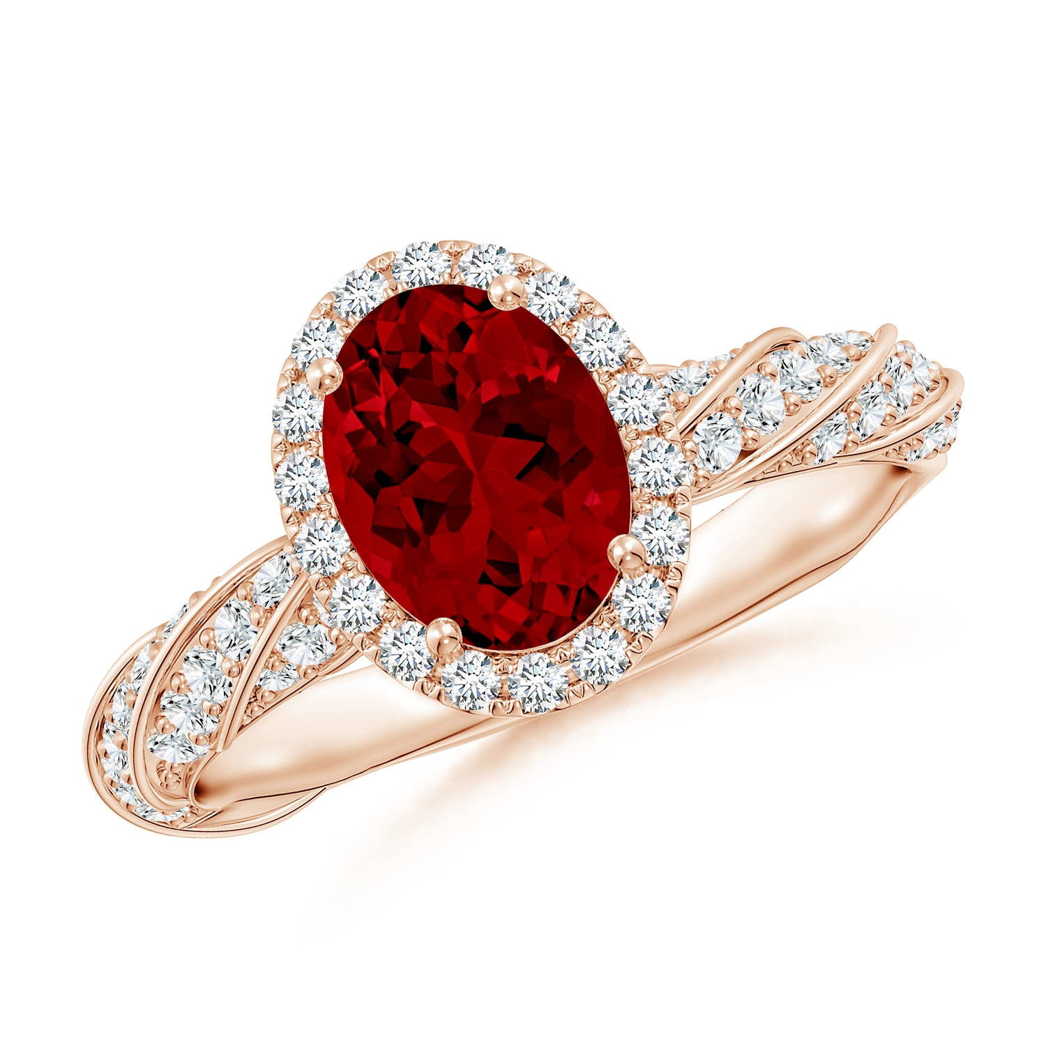 Ruby Rope Rings ANGARA Oval Lab Grown 1.25 Ct Ruby Halo Twisted Rope Shank Engagement ...