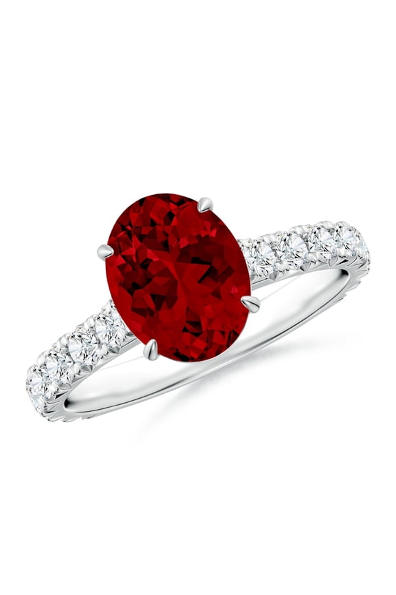 Oval Lab Grown 2 Ct Ruby Two Tone Engagement Ring with Accents for Women in 14K White Gold (Size-9x7mm) | July Birthstone, Birthday, Anniversary, Jewelry Gift for Women | Lab-Grown Ruby Ring