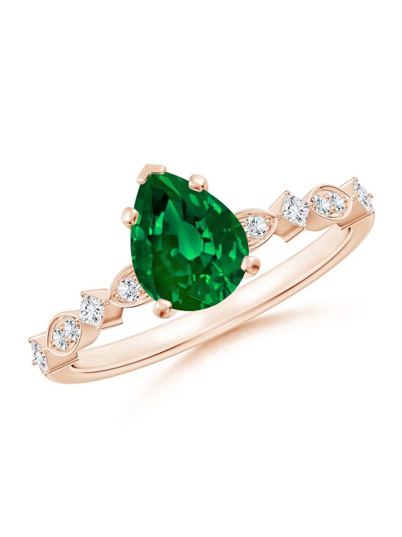 Pear Lab Grown Emerald Engagement Ring with Marquise Motifs in 14K Rose Gold for Women (Size-8x6mm) | May Birthstone, Birthday, Anniversary, Jewelry Gift for Women | Lab Grown Emerald Ring