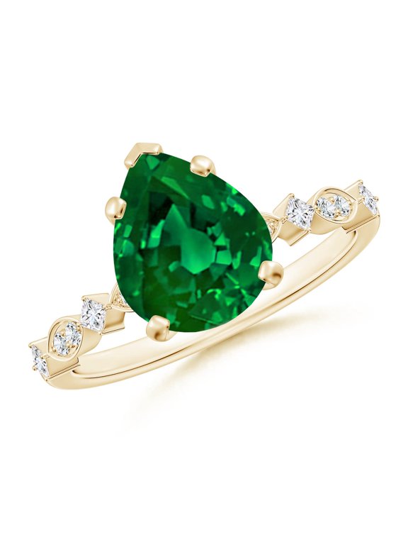 Pear Lab Grown 2.2 Ct Emerald Engagement Ring with Marquise Motifs for Women in 14K Yellow Gold (Size-10x8mm) | May Birthstone, Anniversary, Jewelry Gift for Women | Lab-Grown Emerald Ring