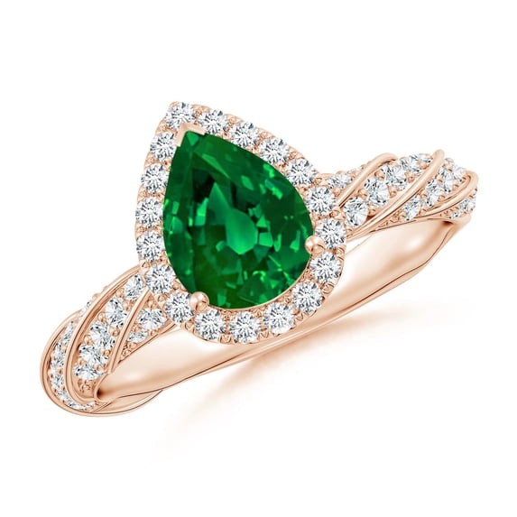 ANGARA Pear Lab Grown Emerald Halo Twisted Rope Shank Engagement Ring for Women in 14K Rose Gold (Size-8x6mm) | May Birthstone, Birthday, Anniversary, Jewelry Gift for Women | Lab-Grown Emerald Ring