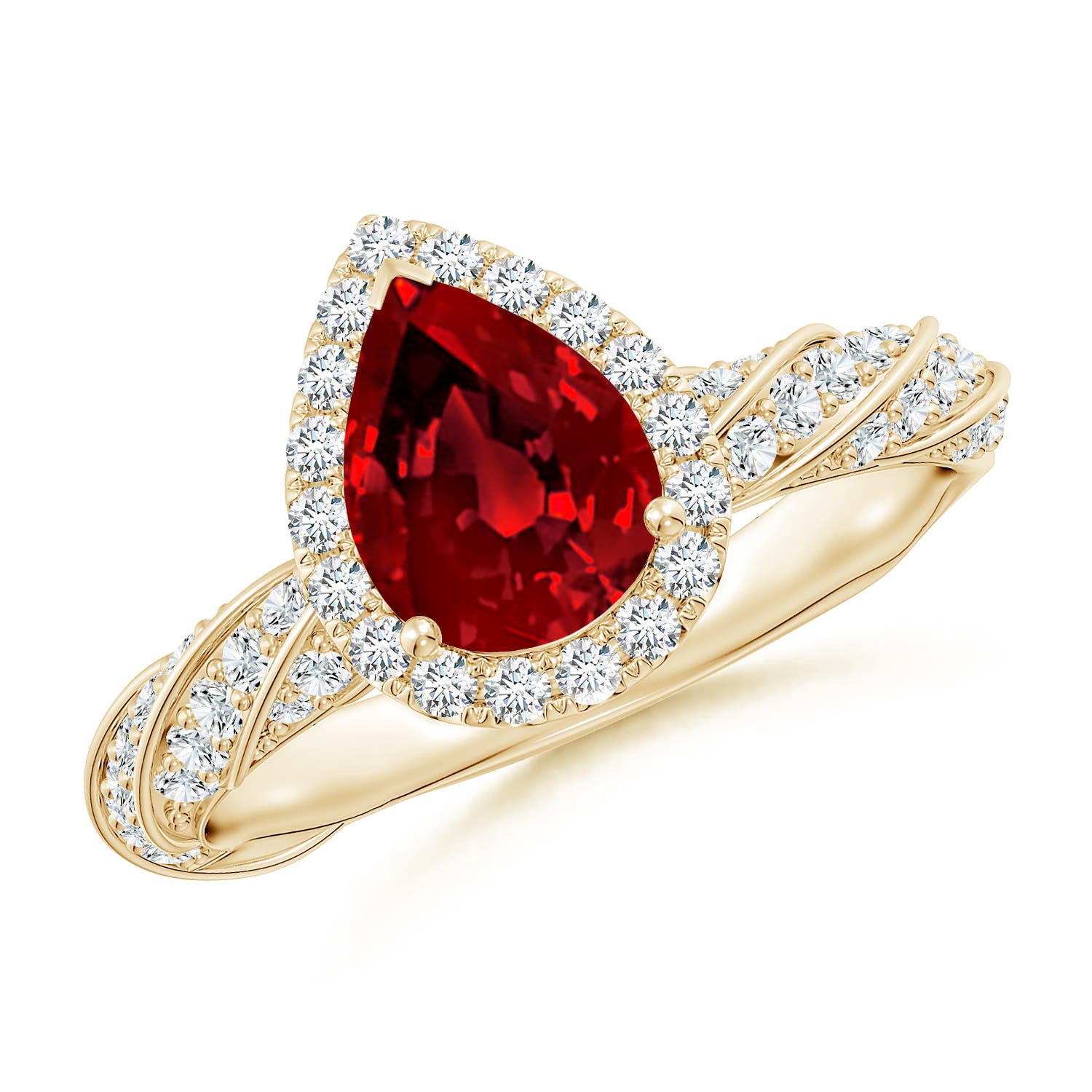 Ruby Rope Rings ANGARA Pear Lab Grown 1.15 Ct Ruby Halo Twisted Rope Shank Engagement ...