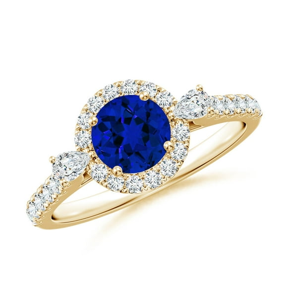 ANGARA Round Lab Grown 1 Ct Blue Sapphire Halo Engagement Ring for Women in 14K Yellow Gold (Size-6mm) | September Birthstone, Anniversary, Jewelry Gift for Women | Lab-Grown Blue Sapphire Ring