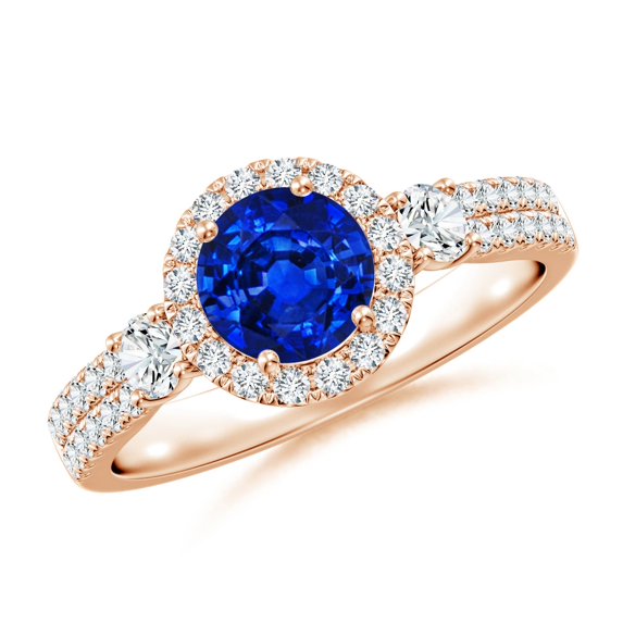 ANGARA Lab Grown 1 Ct Blue Sapphire Halo Double Shank Engagement Ring for Women in 14K Rose Gold (Size-6mm) | September Birthstone, Anniversary, Jewelry Gift for Women | Lab-Grown Blue Sapphire Ring