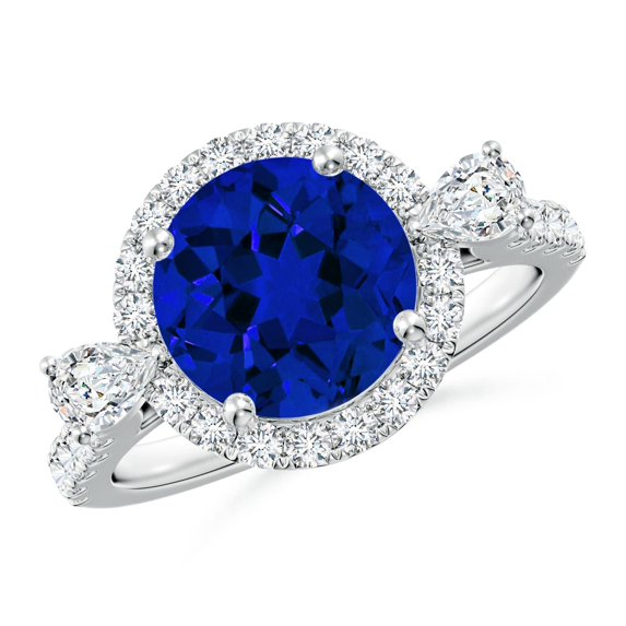 ANGARA Round Lab Grown 3.75 Ct Blue Sapphire Halo Engagement Ring for Women in 14K White Gold (Size-9mm) | September Birthstone, Anniversary, Jewelry Gift for Women | Lab-Grown Blue Sapphire Ring
