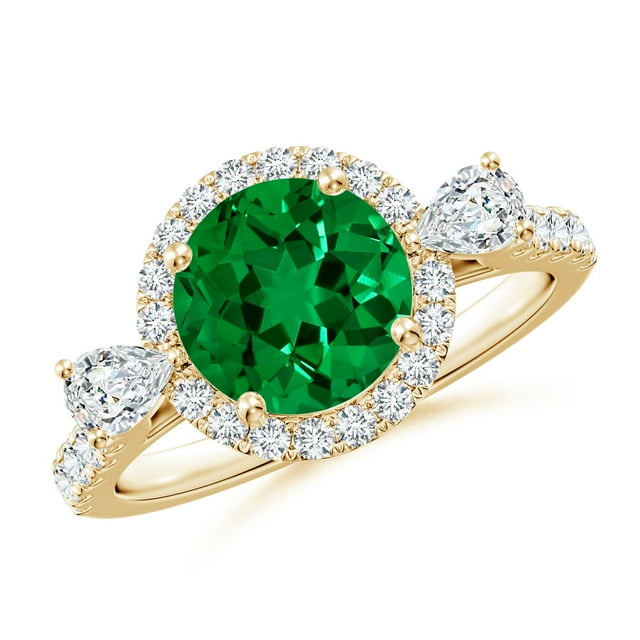 ANGARA Round Lab-Grown Emerald Halo Side Stone Engagement Ring in 14K ...