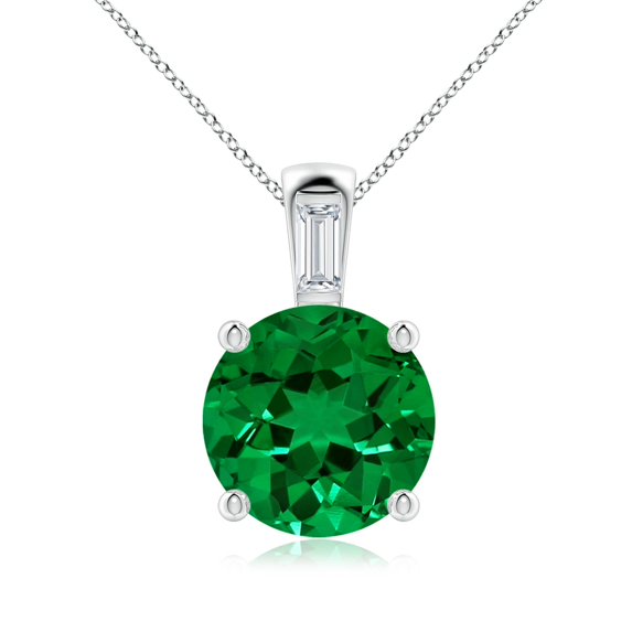 ANGARA Round Lab Grown 3.39 Ct Emerald Pendant with Baguette Diamond for Women in 14K White Gold (Size-10mm) | May Birthstone, Anniversary, Jewelry Gift for Women | Lab-Grown Emerald Necklace