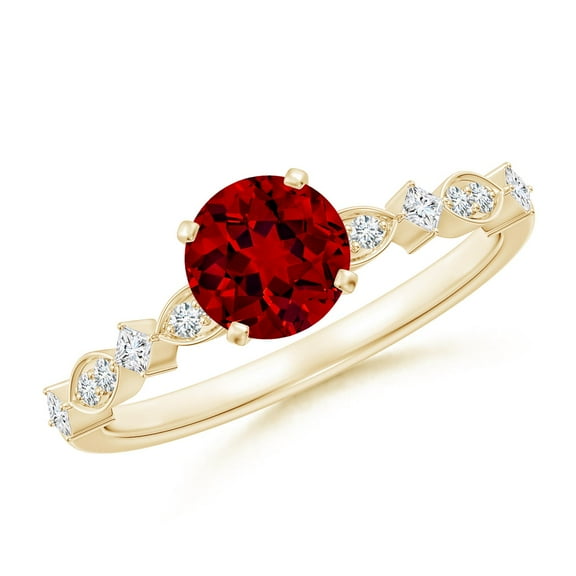 ANGARA Round Lab Grown 1 Ct Ruby Engagement Ring with Marquise Motifs for Women in 14K Yellow Gold (Size-6mm) | July Birthstone, Birthday, Anniversary, Jewelry Gift for Women | Lab-Grown Ruby Ring