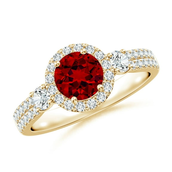ANGARA Round Lab Grown 1 Ct Ruby Halo Double Shank Engagement Ring for Women in 14K Yellow Gold (Size-6mm) | July Birthstone, Birthday, Anniversary, Jewelry Gift for Women | Lab-Grown Ruby Ring