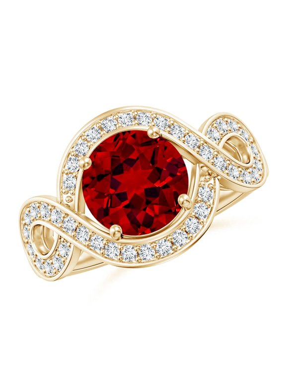 Round Lab Grown 2.1 Ct Ruby Infinity Engagement Ring with Accents for Women in 14K Yellow Gold (Size-8mm) | July Birthstone, Birthday, Anniversary, Jewelry Gift for Women | Lab-Grown Ruby Ring