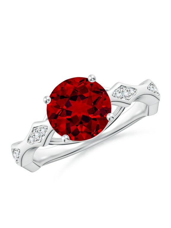 Round Lab Grown 2.1 Ct Ruby Wavy Shank Engagement Ring with Accents for Women in 14K White Gold (Size-8mm) | July Birthstone, Anniversary, Jewelry Gift for Women | Lab-Grown Ruby Ring