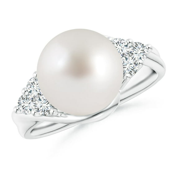 ANGARA South Sea Cultured Pearl Bypass Ring with Diamond Trio in 14K White Gold for Women | June Birthstone, Birthday, Anniversary, Jewelry Gift for Women | Pearl Ring