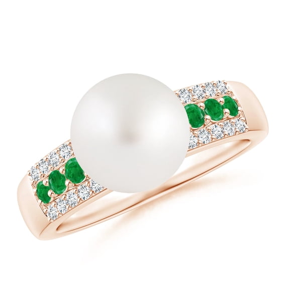 ANGARA South Sea Cultured Pearl Ring with Emeralds in 14K Rose Gold for Women | June Birthstone, Birthday, Anniversary, Jewelry Gift for Women | Pearl Ring