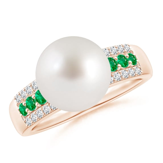 ANGARA South Sea Cultured Pearl Ring with Emeralds in 14K Rose Gold for Women | June Birthstone, Birthday, Anniversary, Jewelry Gift for Women | Pearl Ring