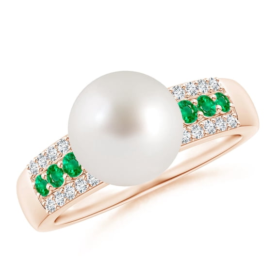 ANGARA South Sea Cultured Pearl Ring with Emeralds in 14K Rose Gold for Women | June Birthstone, Birthday, Anniversary, Jewelry Gift for Women | Pearl Ring