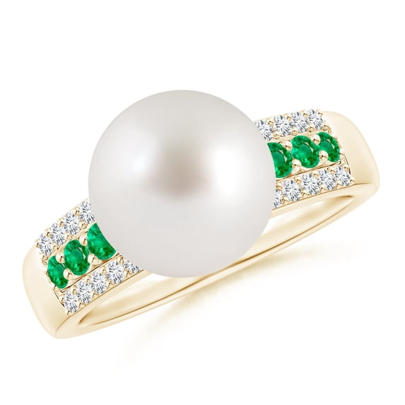 ANGARA South Sea Cultured Pearl Ring with Emeralds in 14K Yellow Gold for Women | June Birthstone, Birthday, Anniversary, Jewelry Gift for Women | Pearl Ring