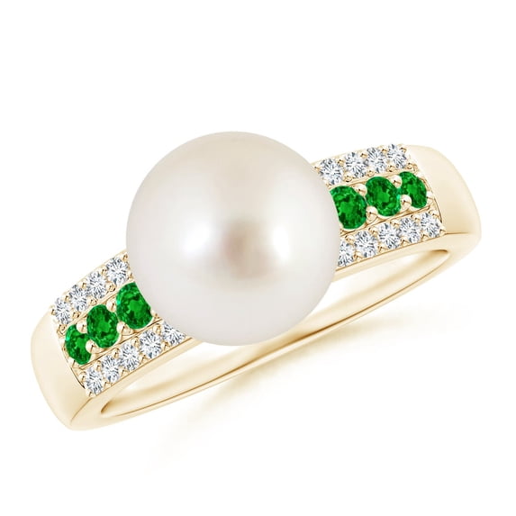 ANGARA South Sea Cultured Pearl Ring with Emeralds in 14K Yellow Gold for Women | June Birthstone, Birthday, Anniversary, Jewelry Gift for Women | Pearl Ring