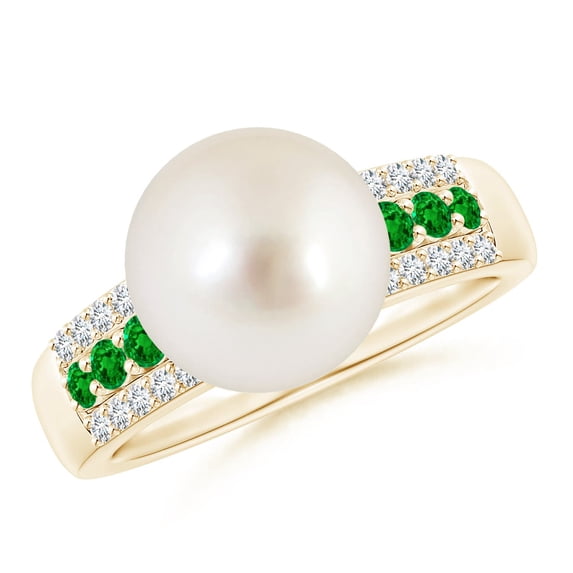 ANGARA South Sea Cultured Pearl Ring with Emeralds in 14K Yellow Gold for Women | June Birthstone, Birthday, Anniversary, Jewelry Gift for Women | Pearl Ring