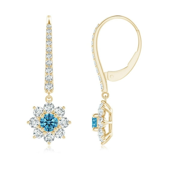 ANGARA Starburst Lab Grown Blue Diamond Drop Earrings for Women in 14K Yellow Gold (Size-3.6mm| Clarity-VS) | Anniversary, Jewelry Gift for Women | Lab-Grown Blue Diamond Earrings