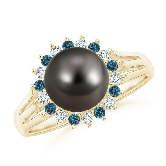 ANGARA Tahitian Cultured Pearl and Blue Diamond Ring in 14K Yellow Gold for Women | June Birthstone, Birthday, Anniversary, Jewelry Gift for Women | Pearl Ring