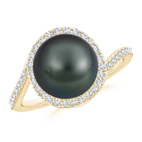 ANGARA Tahitian Cultured Pearl Bypass Ring with Diamond Halo in 14K Yellow Gold for Women | June Birthstone, Birthday, Anniversary, Jewelry Gift for Women | Pearl Ring