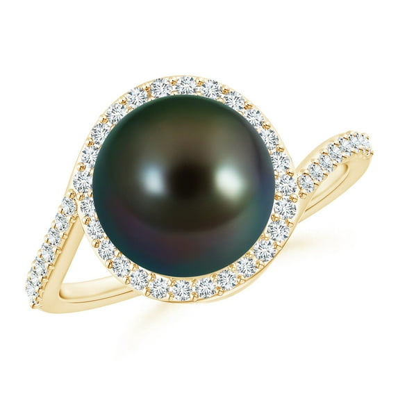 ANGARA Tahitian Cultured Pearl Bypass Ring with Diamond Halo in 14K Yellow Gold for Women | June Birthstone, Birthday, Anniversary, Jewelry Gift for Women | Pearl Ring