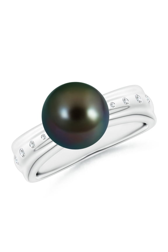 Tahitian Cultured Pearl Ring with Flush-Set Diamonds in 14K White Gold for Women | June Birthstone, Birthday, Anniversary, Jewelry Gift for Women | Pearl Ring