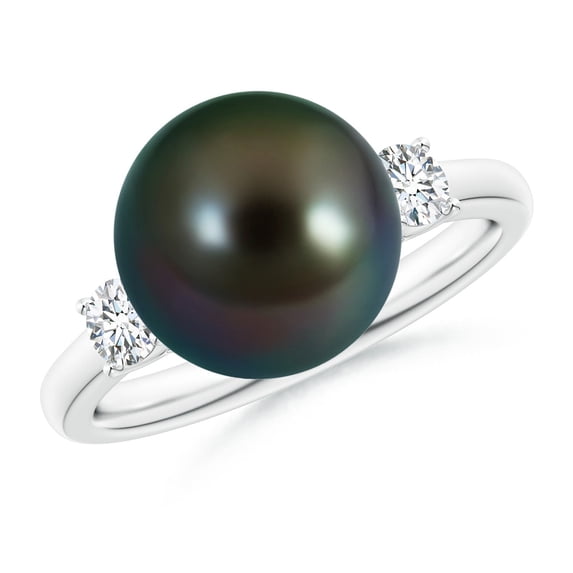 ANGARA Tahitian Cultured Pearl Three Stone Ring with Diamonds in 14K White Gold for Women | June Birthstone, Birthday, Anniversary, Jewelry Gift for Women | Pearl Ring