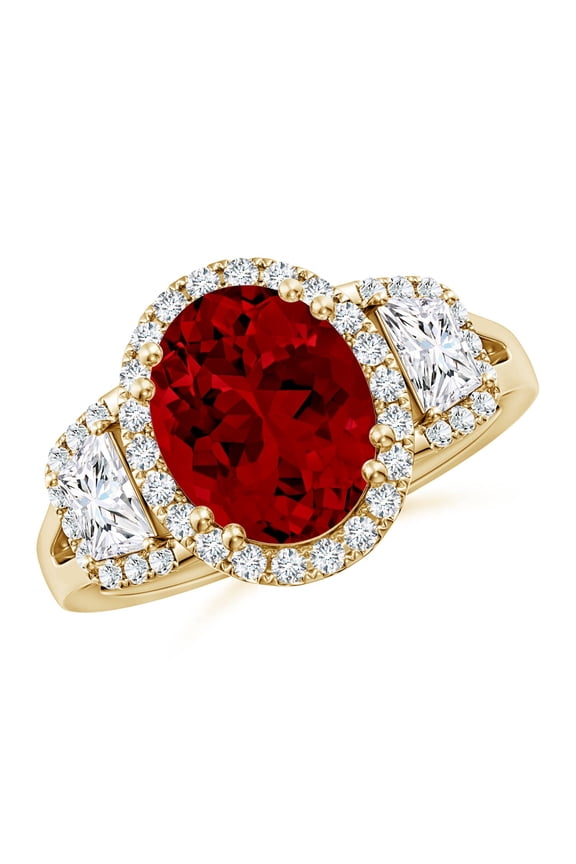 3 Stone Lab Grown 3.3 Ct Ruby & Trapezoid Diamond Halo Engagement Ring for Women in 14K Yellow Gold (Size-10x8mm) | July Birthstone, Anniversary, Jewelry Gift for Women | Lab-Grown Ruby Ring