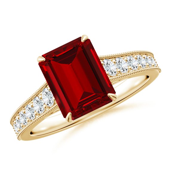 ANGARA Vintage Inspired Lab Grown 3 Ct Ruby Engagement Ring with Milgrain for Women in 14K Yellow Gold (Size-9x7mm) | July Birthstone, Anniversary, Jewelry Gift for Women | Lab-Grown Ruby Ring